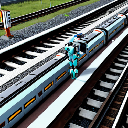 Home 15 **AI-powered railway maintenance:** A high-tech image depicting railway tracks being inspected by a robot or drone, with holographic displays showing data analysis and predictive maintenance schedules. Focus on modern technology and efficiency.