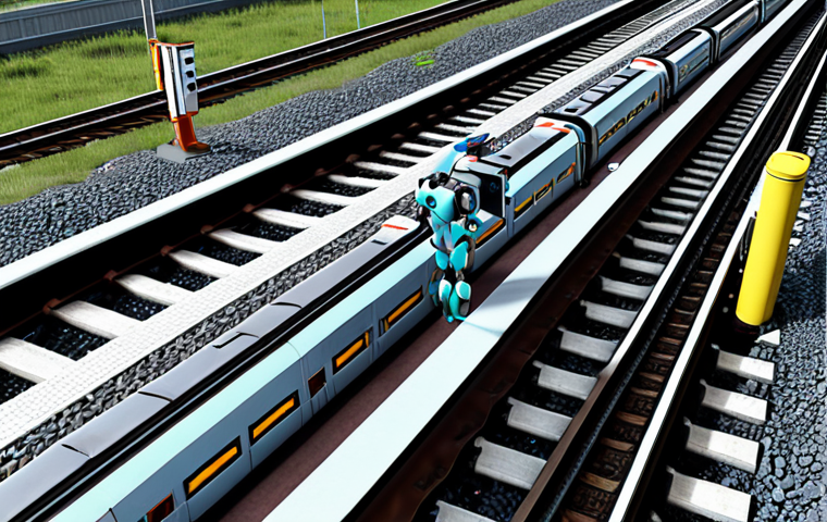 **AI-powered railway maintenance:** A high-tech image depicting railway tracks being inspected by a robot or drone, with holographic displays showing data analysis and predictive maintenance schedules. Focus on modern technology and efficiency.
