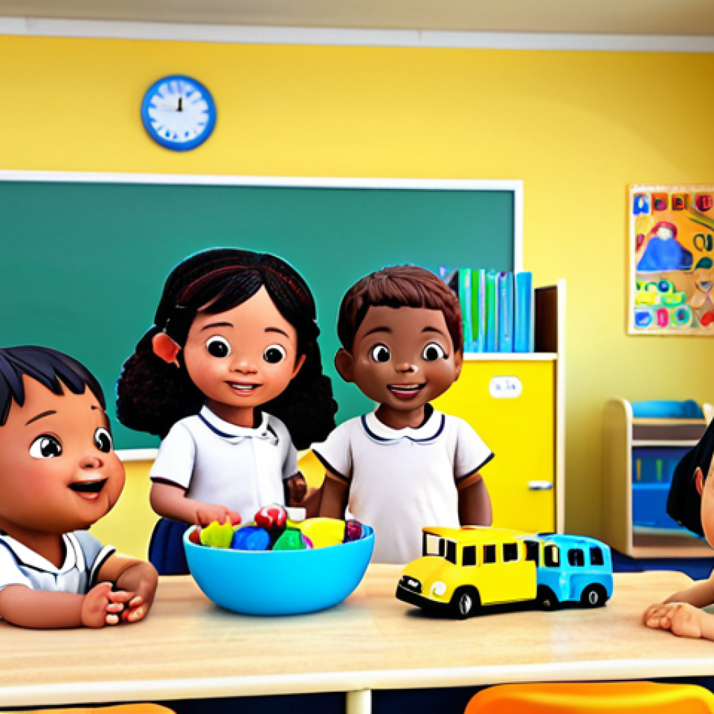 **

A group of diverse children happily playing with Tayo-themed toys in a bright, colorful kindergarten classroom. Tayo the Little Bus is visible in the background, perhaps on a screen displaying an educational video. The scene emphasizes learning through play and social interaction.

**