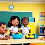 **

A group of diverse children happily playing with Tayo-themed toys in a bright, colorful kindergarten classroom. Tayo the Little Bus is visible in the background, perhaps on a screen displaying an educational video. The scene emphasizes learning through play and social interaction.

**