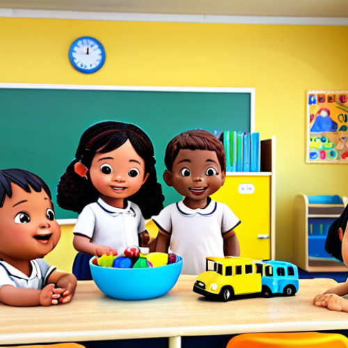 Home 14 **
A group of diverse children happily playing with Tayo-themed toys in a bright, colorful kindergarten classroom. Tayo the Little Bus is visible in the background, perhaps on a screen displaying an educational video. The scene emphasizes learning through play and social interaction.
**
