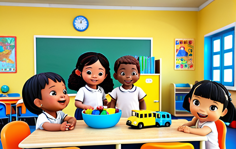 **

A group of diverse children happily playing with Tayo-themed toys in a bright, colorful kindergarten classroom. Tayo the Little Bus is visible in the background, perhaps on a screen displaying an educational video. The scene emphasizes learning through play and social interaction.

**