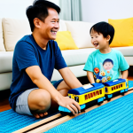 A cheerful Vietnamese boy, around 6 years old, fully clothed in a modest, comfortable t-shirt and shorts, sitting on a colorful play rug in a bright, modern living room. He is gently leaning towards a smart toy train (Ttittipo AI) on a curved track, appearing to be engaged in conversation with the train. The toy train emits a soft, friendly light. A Vietnamese mother and father, fully clothed in modest casual attire, are smiling warmly in the background, observing the playful interaction. The scene emphasizes wholesome family fun and technological engagement. safe for work, appropriate content, fully clothed, family-friendly, perfect anatomy, correct proportions, natural pose, well-formed hands, proper finger count, natural body proportions, professional photography, high quality.