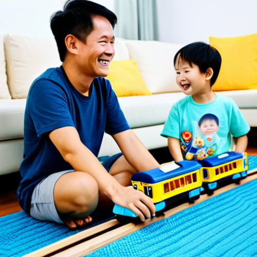 Home 7 A cheerful Vietnamese boy, around 6 years old, fully clothed in a modest, comfortable t-shirt and shorts, sitting on a colorful play rug in a bright, modern living room. He is gently leaning towards a smart toy train (Ttittipo AI) on a curved track, appearing to be engaged in conversation with the train. The toy train emits a soft, friendly light. A Vietnamese mother and father, fully clothed in modest casual attire, are smiling warmly in the background, observing the playful interaction. The scene emphasizes wholesome family fun and technological engagement. safe for work, appropriate content, fully clothed, family-friendly, perfect anatomy, correct proportions, natural pose, well-formed hands, proper finger count, natural body proportions, professional photography, high quality.