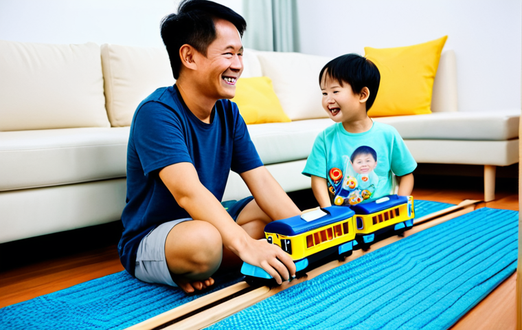 A cheerful Vietnamese boy, around 6 years old, fully clothed in a modest, comfortable t-shirt and shorts, sitting on a colorful play rug in a bright, modern living room. He is gently leaning towards a smart toy train (Ttittipo AI) on a curved track, appearing to be engaged in conversation with the train. The toy train emits a soft, friendly light. A Vietnamese mother and father, fully clothed in modest casual attire, are smiling warmly in the background, observing the playful interaction. The scene emphasizes wholesome family fun and technological engagement. safe for work, appropriate content, fully clothed, family-friendly, perfect anatomy, correct proportions, natural pose, well-formed hands, proper finger count, natural body proportions, professional photography, high quality.