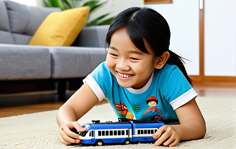 A joyful Vietnamese girl, approximately 7 years old, with natural expression, playing with a small toy train inspired by an animated character, in a brightly lit, modest living room of a modern Vietnamese home. She is fully clothed in a comfortable, family-friendly t-shirt and shorts. The background shows hints of everyday family life. The setting is warm and inviting. safe for work, appropriate content, fully clothed, family-friendly, perfect anatomy, correct proportions, natural pose, well-formed hands, proper finger count, natural body proportions, professional photography, high quality.