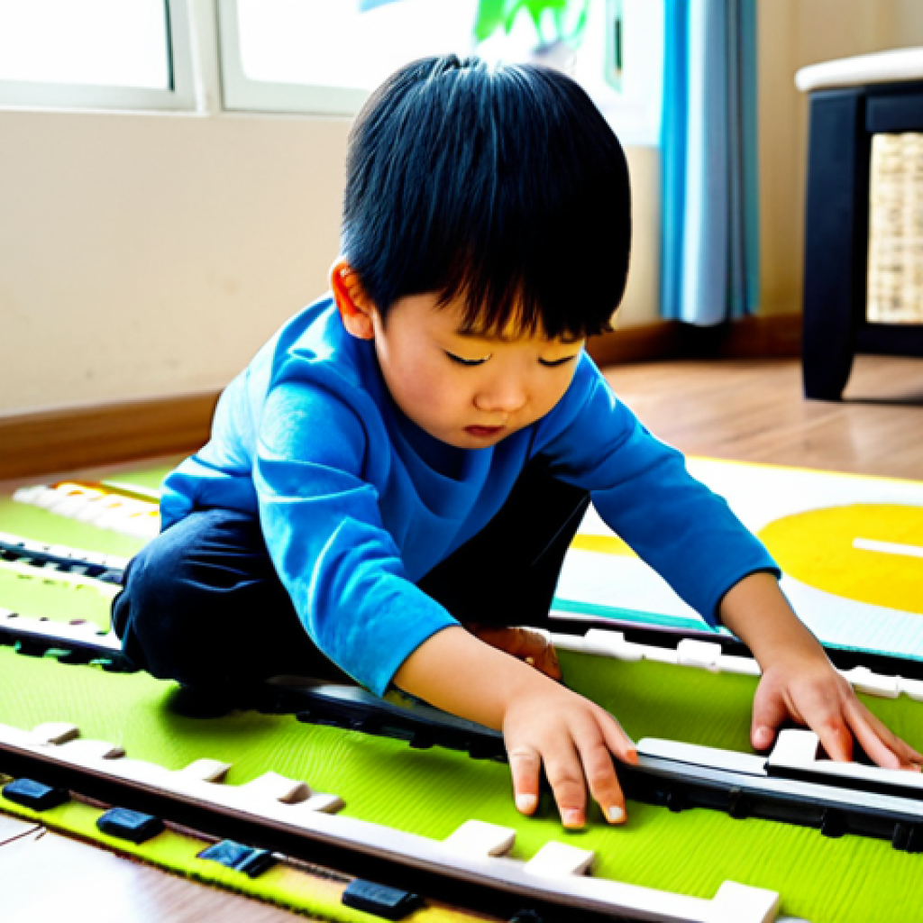 A Vietnamese child, around 6 years old, fully clothed in modest, comfortable home attire, focused intensely on building a complex Titipo train track. The child is kneeling on a colorful play mat in a bright, clean, child-friendly living room of a modern Vietnamese home. Sunlight streams softly through a window. The scene captures pure concentration and imaginative play, with train tracks and Titipo characters neatly arranged around them. The child's hands are well-formed, carefully connecting track pieces. safe for work, appropriate content, family-friendly, perfect anatomy, correct proportions, natural pose, natural body proportions, professional photography, high quality, vibrant colors.