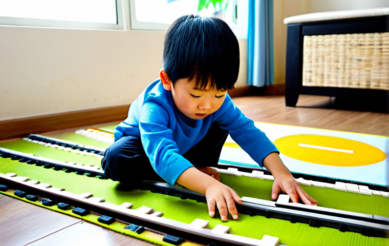 A Vietnamese child, around 6 years old, fully clothed in modest, comfortable home attire, focused intensely on building a complex Titipo train track. The child is kneeling on a colorful play mat in a bright, clean, child-friendly living room of a modern Vietnamese home. Sunlight streams softly through a window. The scene captures pure concentration and imaginative play, with train tracks and Titipo characters neatly arranged around them. The child's hands are well-formed, carefully connecting track pieces. safe for work, appropriate content, family-friendly, perfect anatomy, correct proportions, natural pose, natural body proportions, professional photography, high quality, vibrant colors.