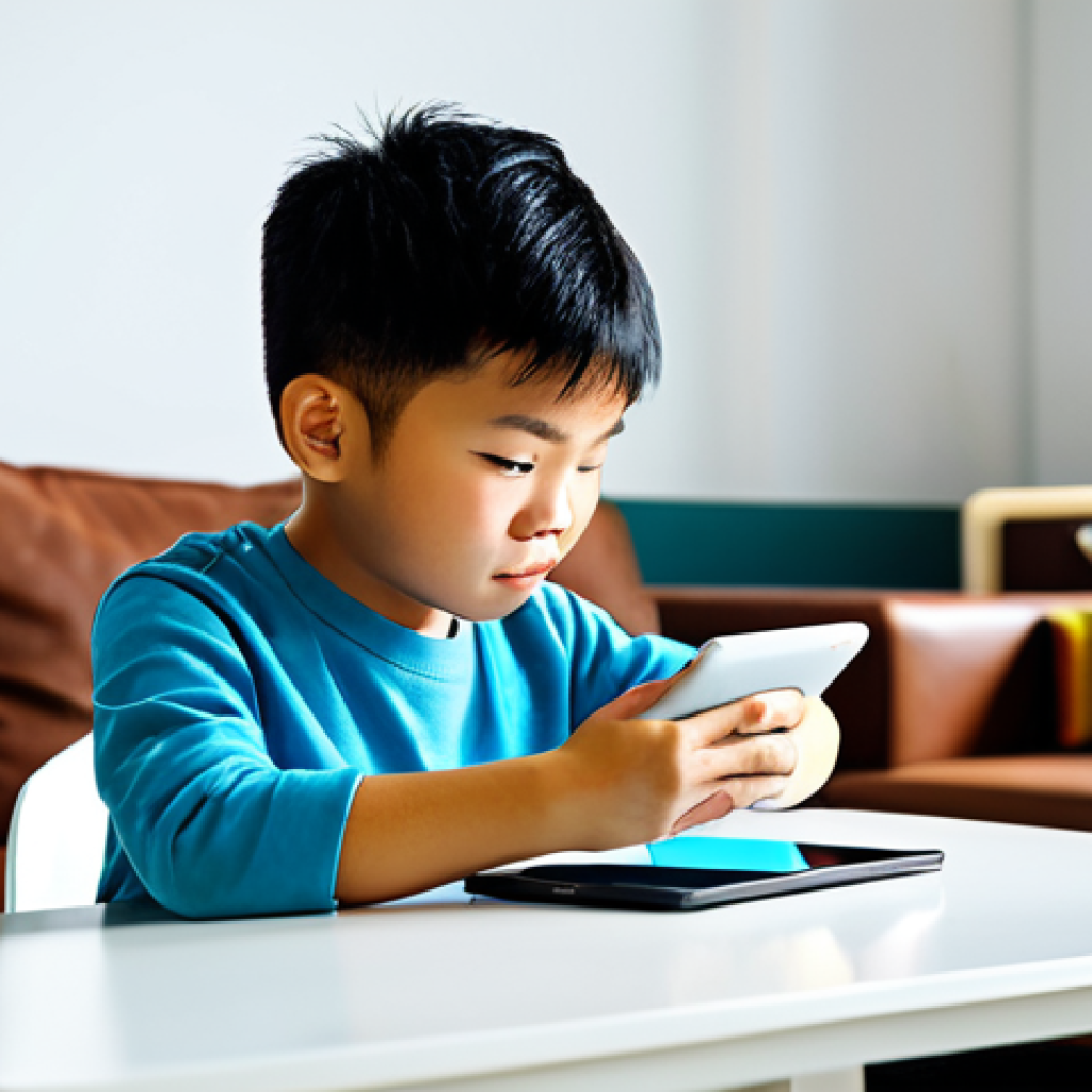 A young Vietnamese boy, fully clothed in appropriate casual wear, sitting comfortably at a small table in a brightly lit, modern living room. He is intently focused on a tablet screen, where colorful, friendly vehicle characters are displayed as part of an educational quiz game. His expression is one of engaged concentration and quiet joy. The background is clean and uncluttered. Perfect anatomy, correct proportions, natural pose, well-formed hands, proper finger count, natural body proportions, high-quality digital illustration, vibrant colors, safe for work, appropriate content, modest clothing, family-friendly.