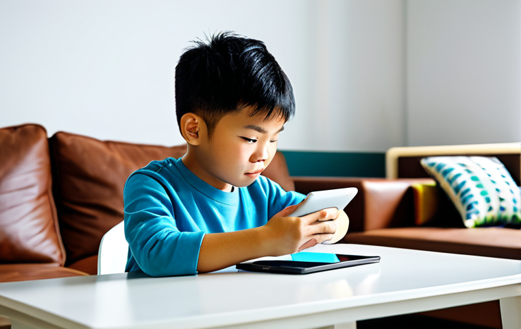 A young Vietnamese boy, fully clothed in appropriate casual wear, sitting comfortably at a small table in a brightly lit, modern living room. He is intently focused on a tablet screen, where colorful, friendly vehicle characters are displayed as part of an educational quiz game. His expression is one of engaged concentration and quiet joy. The background is clean and uncluttered. Perfect anatomy, correct proportions, natural pose, well-formed hands, proper finger count, natural body proportions, high-quality digital illustration, vibrant colors, safe for work, appropriate content, modest clothing, family-friendly.