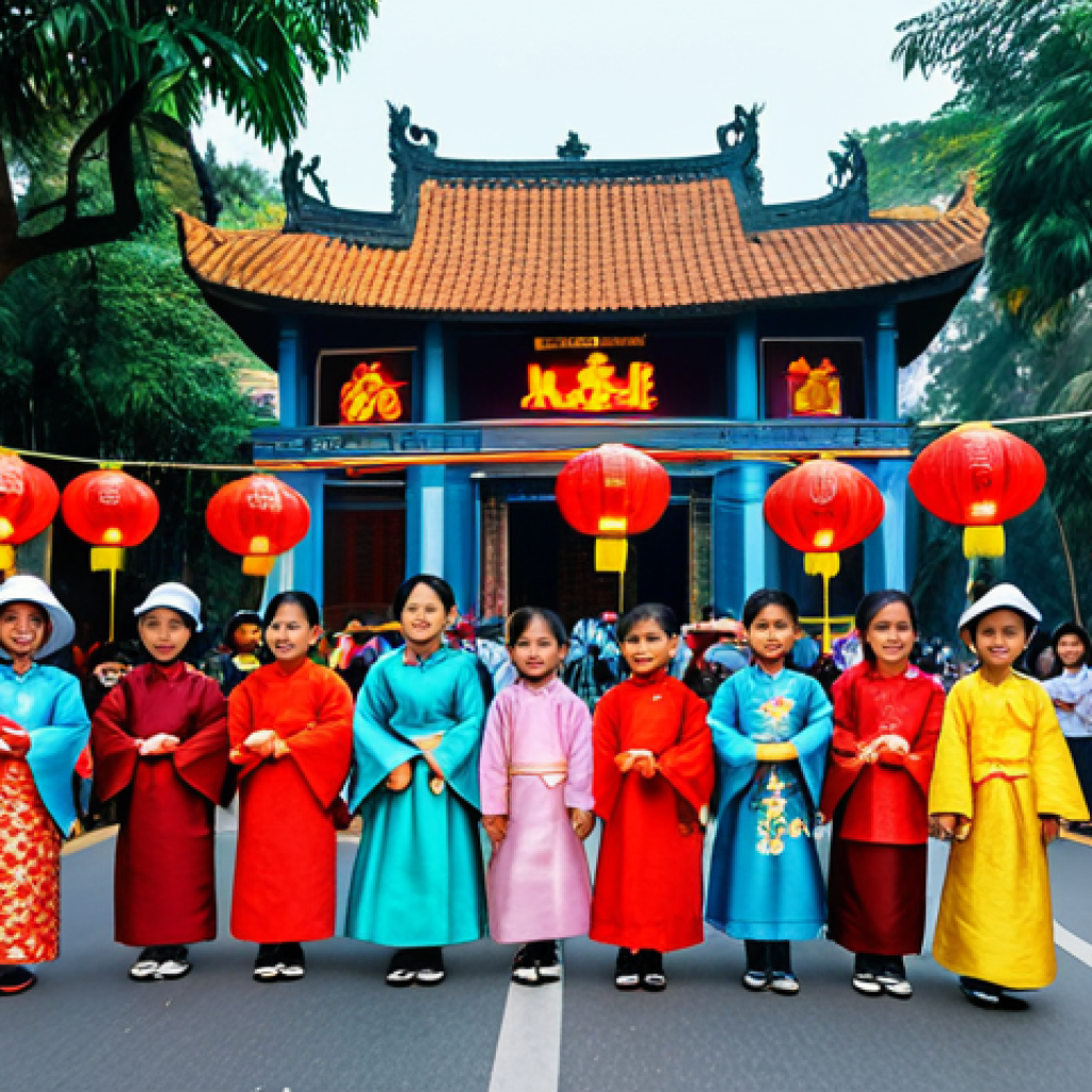**

A kindergarten class in Hanoi, Vietnam. Children are fully clothed in áo dài (traditional Vietnamese dress) participating in a Mid-Autumn Festival lantern parade. Festive lanterns, colorful decorations, happy atmosphere. Background shows traditional Vietnamese architecture. Safe for work, appropriate content, fully clothed, family-friendly, professional photography, perfect anatomy, natural proportions.

**