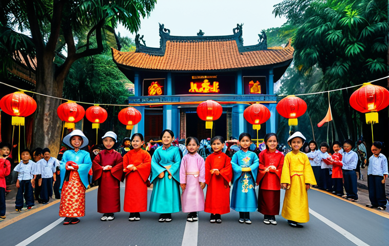**

A kindergarten class in Hanoi, Vietnam. Children are fully clothed in áo dài (traditional Vietnamese dress) participating in a Mid-Autumn Festival lantern parade. Festive lanterns, colorful decorations, happy atmosphere. Background shows traditional Vietnamese architecture. Safe for work, appropriate content, fully clothed, family-friendly, professional photography, perfect anatomy, natural proportions.

**