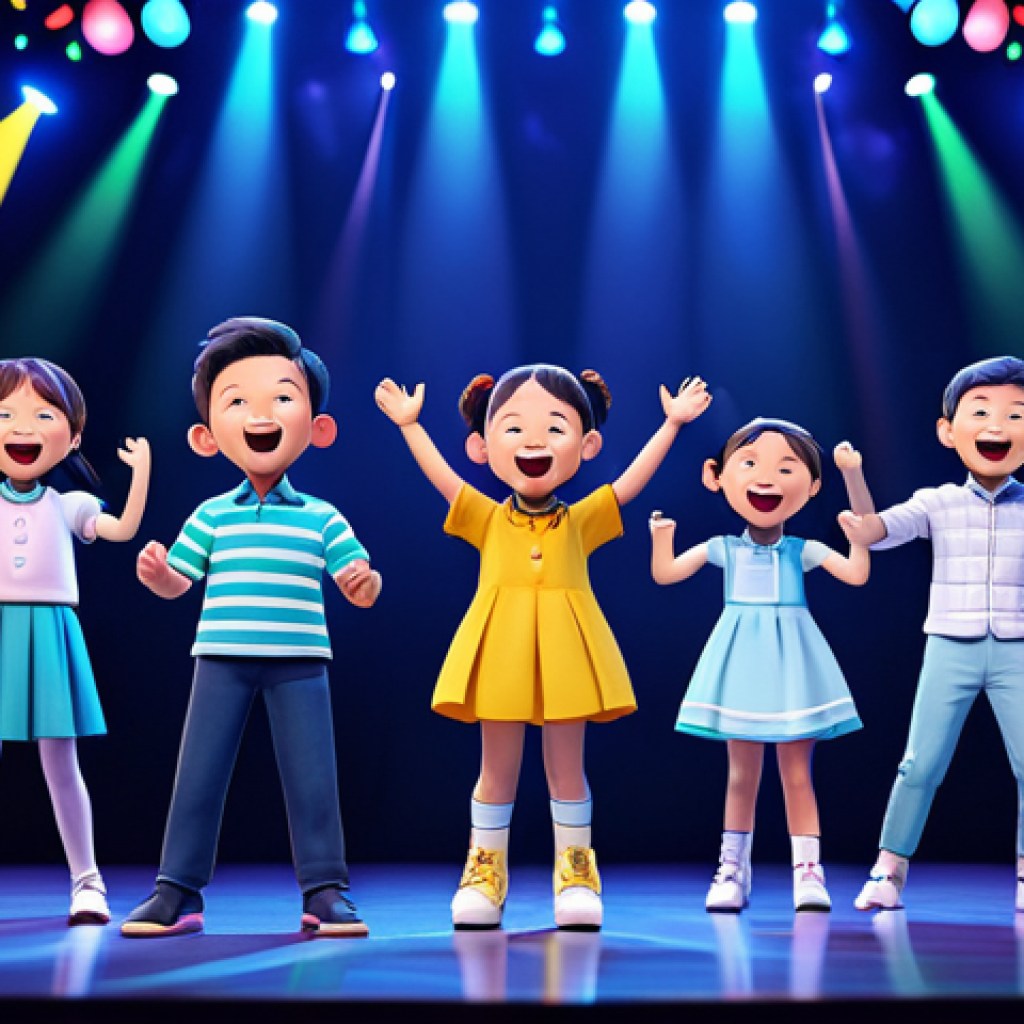 **

A family-friendly scene depicting a vibrant concert stage with colorful lights and 3D animation of 띠띠뽀 characters. Fully clothed children and parents are smiling and engaged with the performance, singing along to the music. The atmosphere is energetic and joyful. Safe for work, appropriate content, fully clothed, professional, perfect anatomy, correct proportions, natural pose, high quality.

**