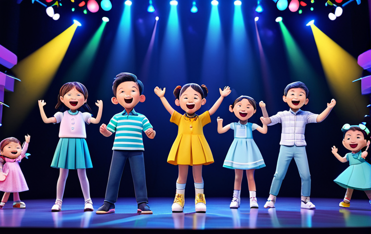 **

A family-friendly scene depicting a vibrant concert stage with colorful lights and 3D animation of 띠띠뽀 characters. Fully clothed children and parents are smiling and engaged with the performance, singing along to the music. The atmosphere is energetic and joyful. Safe for work, appropriate content, fully clothed, professional, perfect anatomy, correct proportions, natural pose, high quality.

**