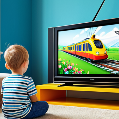Home 19 **
A cheerful child, fully clothed in modest, colorful clothing, watching the "Tit To Ti" cartoon on TV in a brightly lit living room. The TV screen shows Tit To, the little electric train. Family-friendly scene, safe for work, appropriate content, perfect anatomy, natural pose, professional illustration.
**