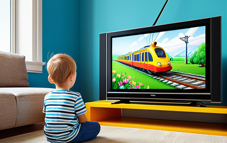 **

A cheerful child, fully clothed in modest, colorful clothing, watching the "Tit To Ti" cartoon on TV in a brightly lit living room. The TV screen shows Tit To, the little electric train. Family-friendly scene, safe for work, appropriate content, perfect anatomy, natural pose, professional illustration.

**