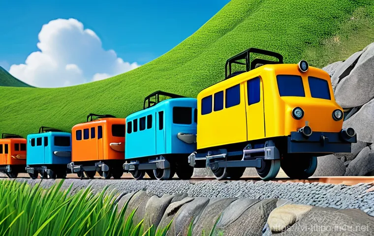 띠띠뽀 에피소드 분석 및 토론 - **Prompt:** A vibrant 3D animation style image of Titipo, Tayo, and Gani, the friendly train charact...