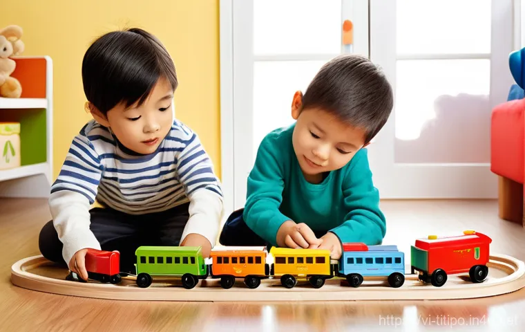 띠띠뽀 에피소드 분석 및 토론 - **Prompt:** A vibrant 3D animation style image of Titipo, Tayo, and Gani, the friendly train charact...