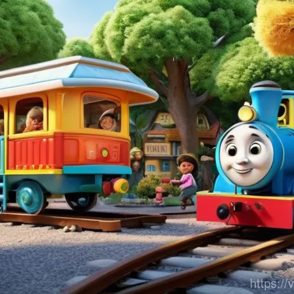 띠띠뽀 콘텐츠를 활용한 어린이 심리 연구 - **Prompt:** "A lively and heartwarming scene set in a bright, outdoor train-themed playground. Anima...