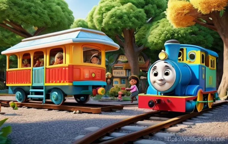 띠띠뽀 콘텐츠를 활용한 어린이 심리 연구 - **Prompt:** "A lively and heartwarming scene set in a bright, outdoor train-themed playground. Anima...