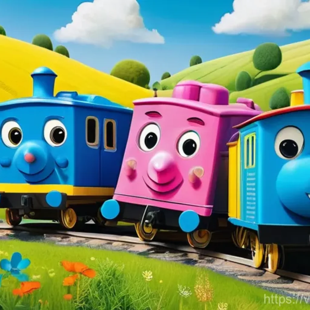 띠띠뽀 시청 후기 및 감상평 - A cheerful and vibrant illustration featuring Titipo, the small, energetic blue train, enthusiastica...