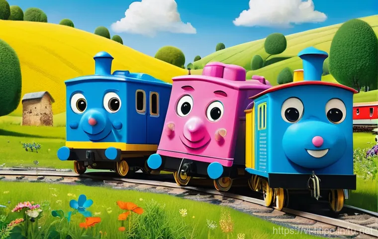 띠띠뽀 시청 후기 및 감상평 - A cheerful and vibrant illustration featuring Titipo, the small, energetic blue train, enthusiastica...