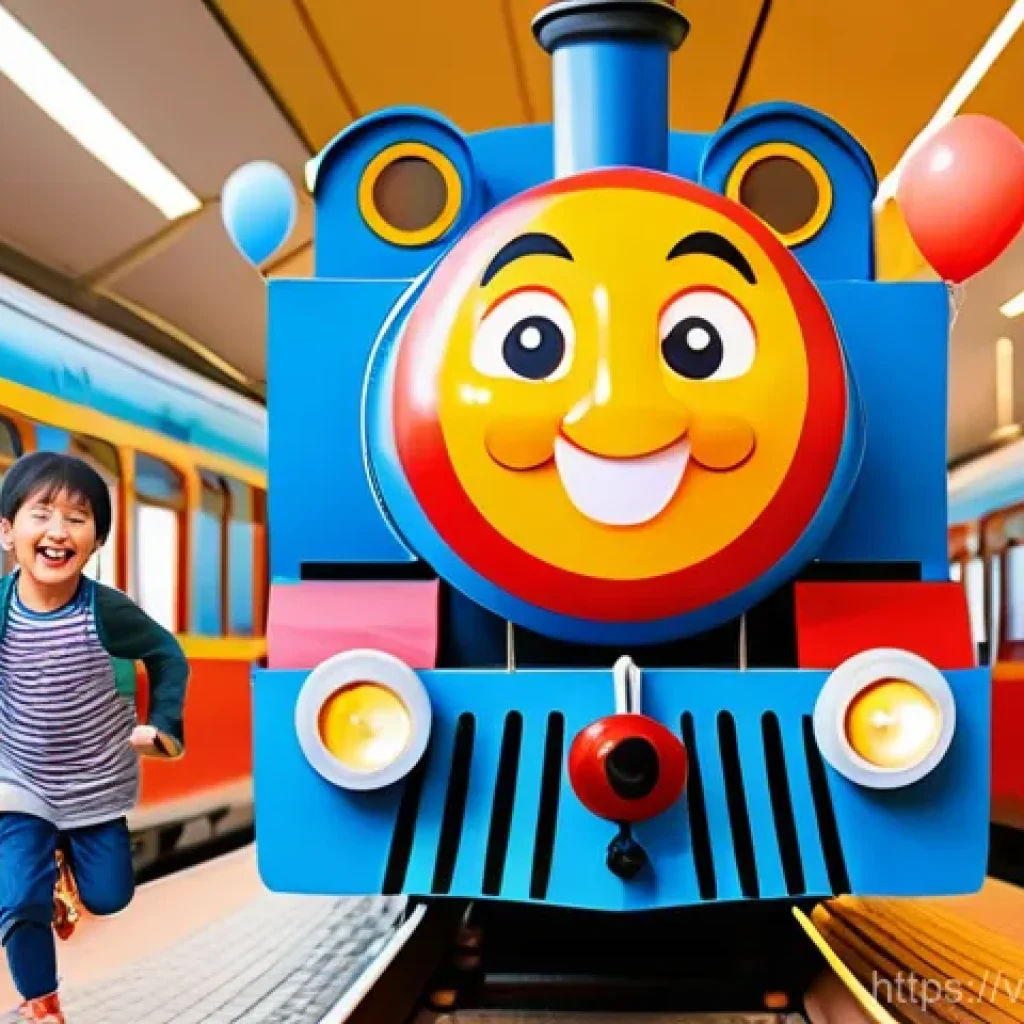 띠띠뽀와 팬들과의 특별한 만남 - A group of diverse Vietnamese children, aged 3-7, filled with pure joy and excitement, running towar...