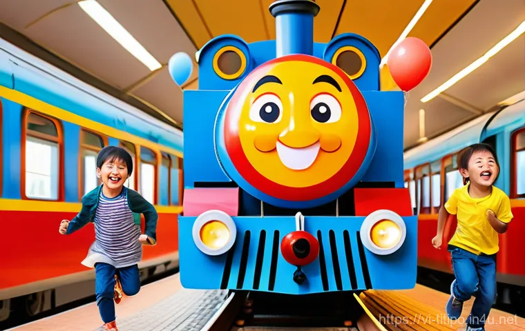 띠띠뽀와 팬들과의 특별한 만남 - A group of diverse Vietnamese children, aged 3-7, filled with pure joy and excitement, running towar...