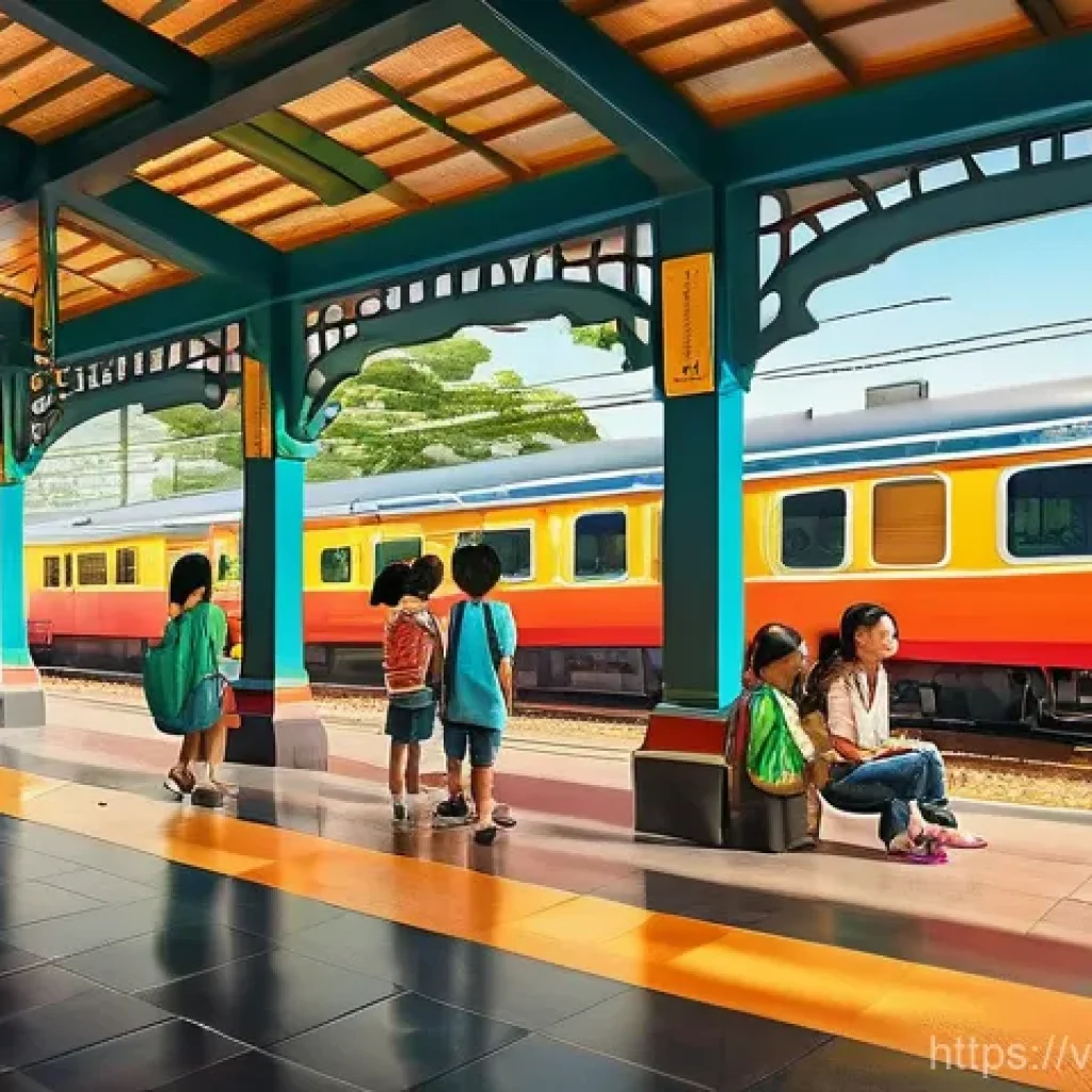 띠띠뽀 관련 주제 교육자료 - **Prompt:** A vibrant and cheerful scene in a sunny, stylized train station with diverse, happy Viet...
