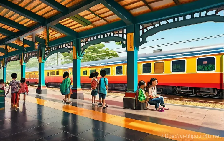 띠띠뽀 관련 주제 교육자료 - **Prompt:** A vibrant and cheerful scene in a sunny, stylized train station with diverse, happy Viet...