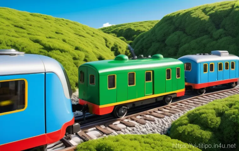 띠띠뽀와 어린이들의 꿈 이야기 - A vibrant and cheerful scene featuring the anthropomorphic train characters Titipo, Diesel, and Geni...