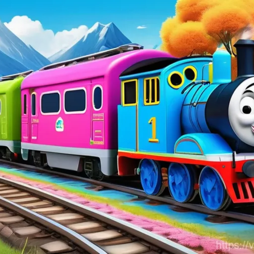띠띠뽀 콘텐츠의 글로벌 확장 가능성 - **"A cheerful group of animated trains, Titipo (red, white, and blue), Genie (pink), Diesel (green),...