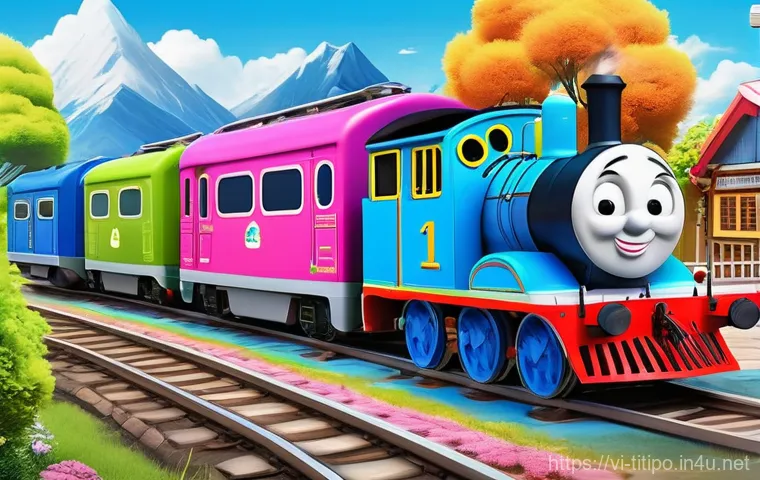띠띠뽀 콘텐츠의 글로벌 확장 가능성 - **"A cheerful group of animated trains, Titipo (red, white, and blue), Genie (pink), Diesel (green),...