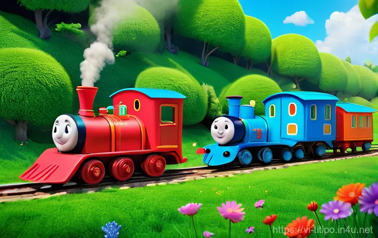 띠띠뽀 콘텐츠의 글로벌 확장 가능성 - **"A cheerful group of animated trains, Titipo (red, white, and blue), Genie (pink), Diesel (green),...