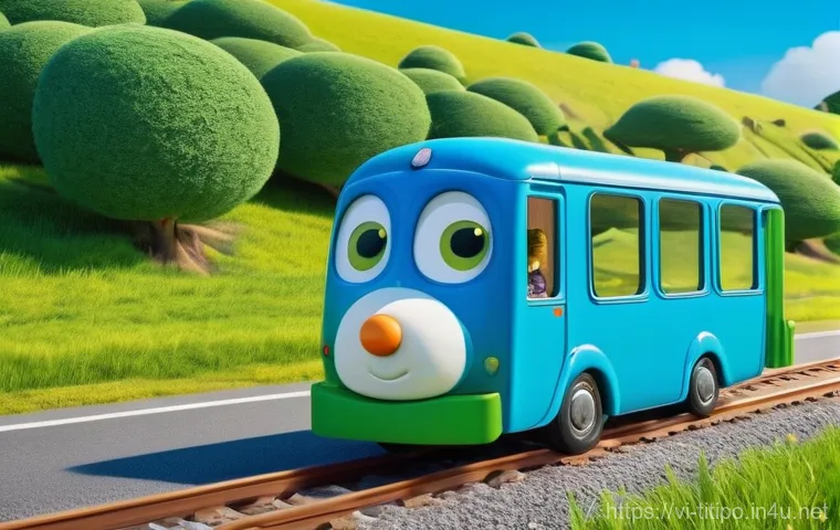 띠띠뽀와 어린이들에게 영감을 주는 이야기 - **Prompt:** A vibrant, cheerful animated scene featuring Titipo, the green train, confidently chuggi...