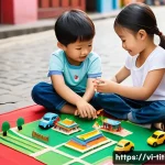 Home 21 띠띠뽀와 새로운 형태의 놀이 문화 - **Prompt:** A group of diverse children, ages 4-6, are playing with Tayo the Little Bus toy cars on ...