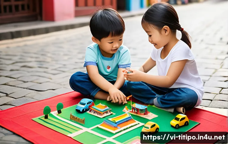 띠띠뽀와 새로운 형태의 놀이 문화 - **Prompt:** A group of diverse children, ages 4-6, are playing with Tayo the Little Bus toy cars on ...