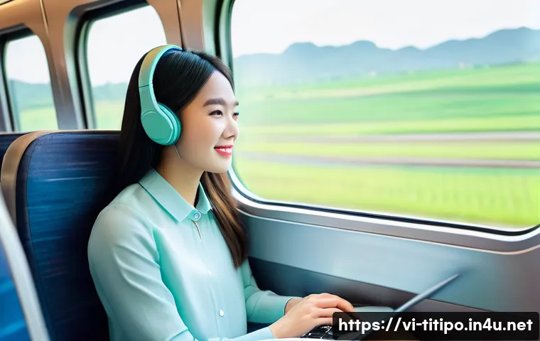띠띠뽀 관련 철도 기술 발전 - **Prompt:** A young Vietnamese woman in her early 20s is traveling on a modern, high-speed train in ...