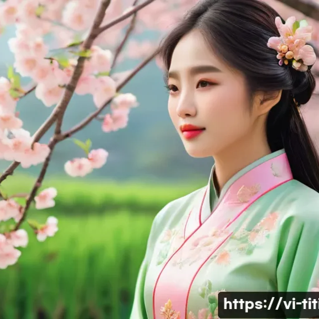 띠띠뽀 시즌별 주요 테마 - A vibrant spring-themed character design featuring a young Vietnamese woman dressed in pastel-colore...