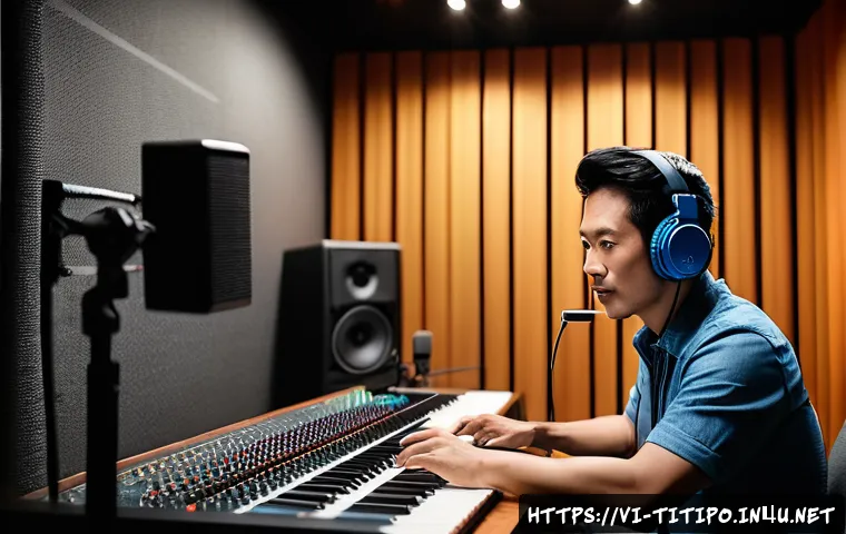 띠띠뽀 목소리 녹음 과정 - A professional home recording studio scene featuring a Vietnamese voice actor sitting in front of a ...