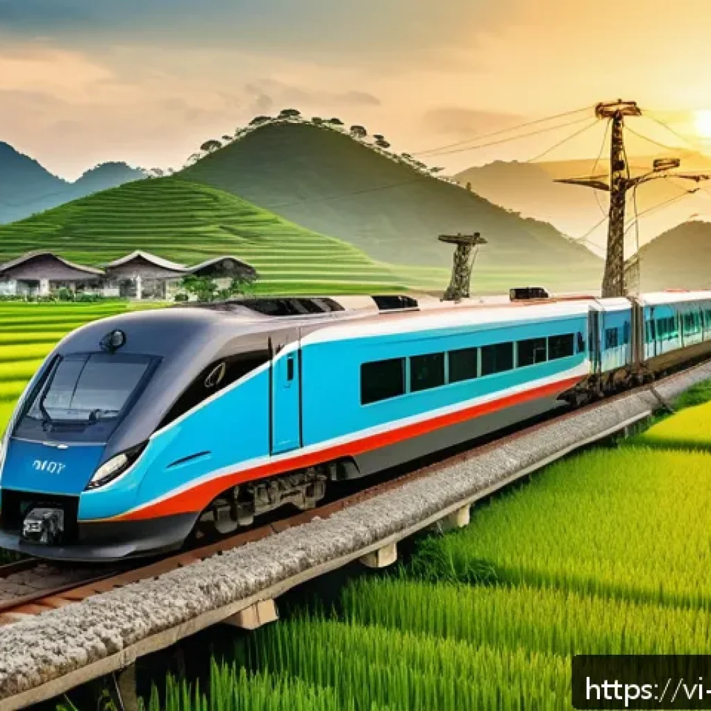 띠띠뽀와 관련된 철도 역사 비교 - A detailed and vibrant scene of a modern Vietnamese high-speed train traveling through lush green ri...