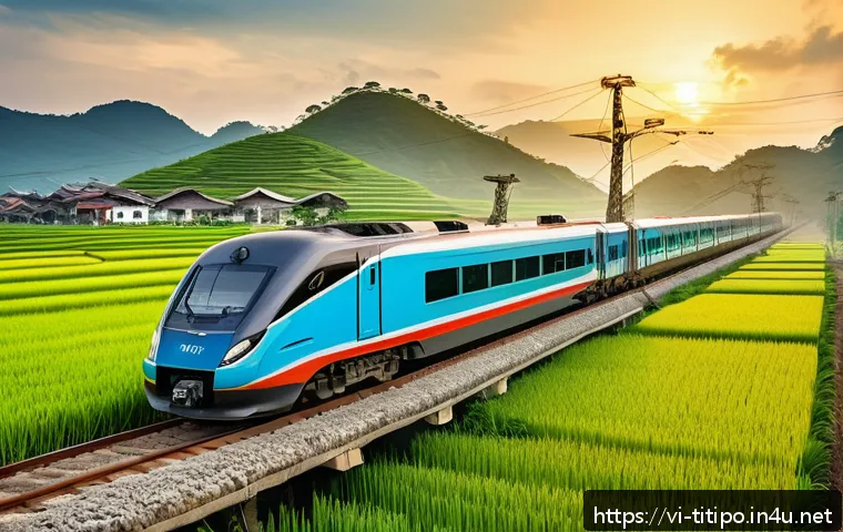 띠띠뽀와 관련된 철도 역사 비교 - A detailed and vibrant scene of a modern Vietnamese high-speed train traveling through lush green ri...