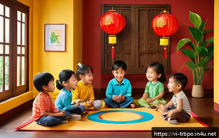 띠띠뽀의 교육적 애니메이션 영향력 - A vibrant and colorful animated scene featuring a diverse group of young Vietnamese children, ages 4...