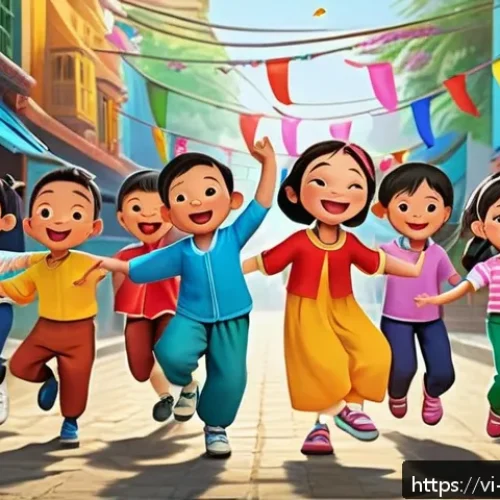 Home 31 띠띠뽀 인기 비결 - A colorful and lively animated scene showing a diverse group of young Vietnamese children happily si...