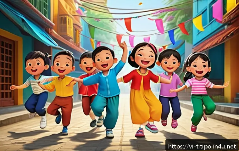띠띠뽀 인기 비결 - A colorful and lively animated scene showing a diverse group of young Vietnamese children happily si...