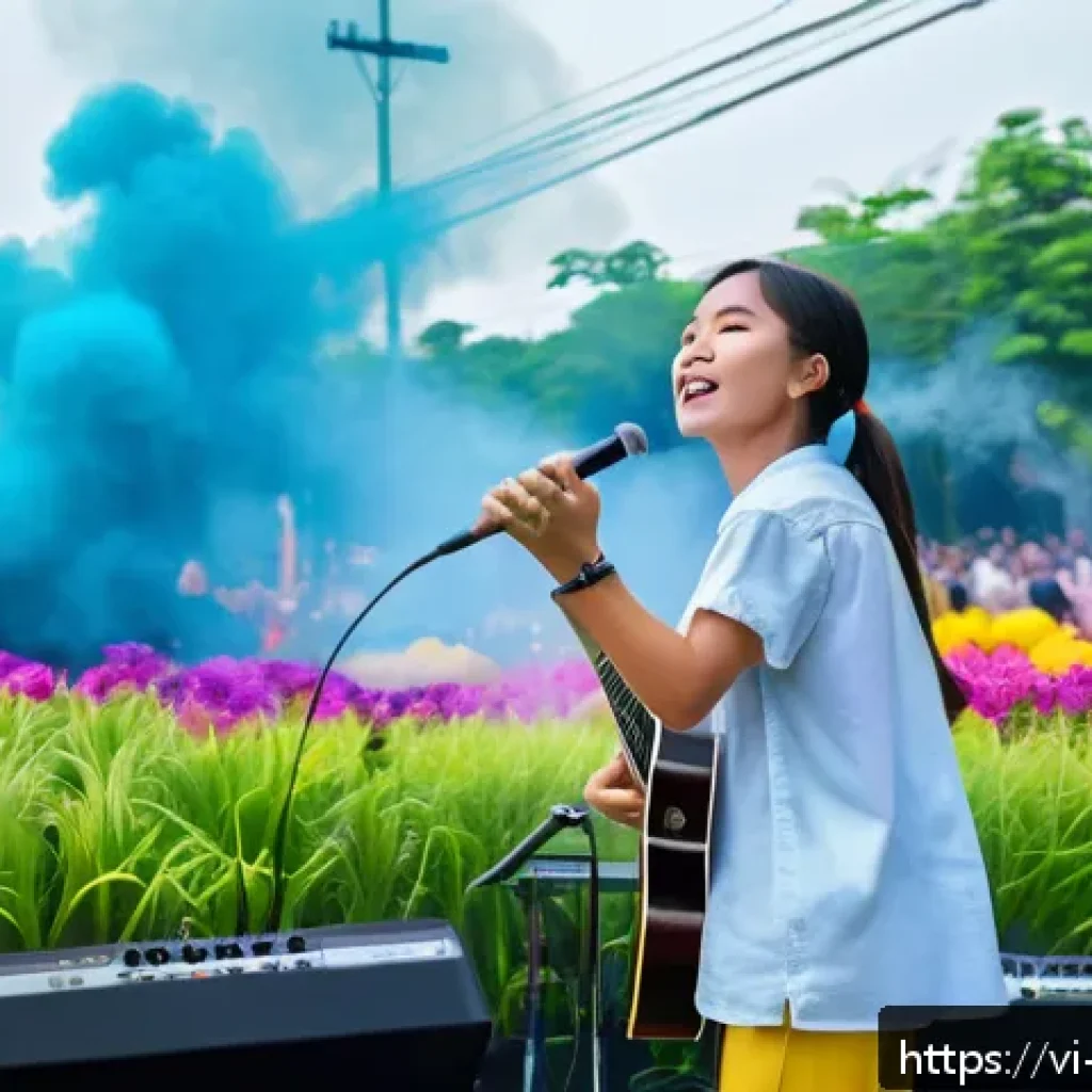 띠띠뽀 OST 연주 경연 대회 - A vibrant outdoor music competition stage in a Vietnamese city during summer, featuring a young musi...