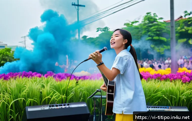 띠띠뽀 OST 연주 경연 대회 - A vibrant outdoor music competition stage in a Vietnamese city during summer, featuring a young musi...