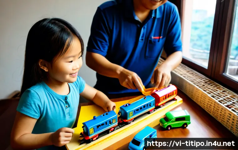 Home 17 띠띠뽀 팬 아카이브 만들기 - Photorealistic Vietnamese family creating a colorful toy train fan archive at a clean wooden desk, p...