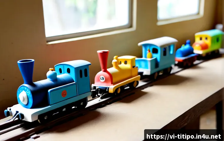 Home 17 띠띠뽀 기차 캐릭터 제작 비화 - Photorealistic behind-the-scenes animation design studio in Vietnam, a small friendly blue toy train...