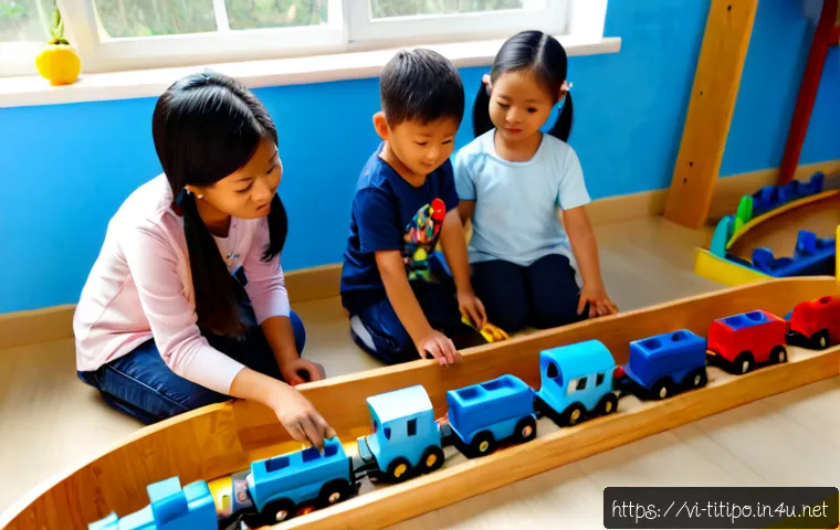 Home 17 띠띠뽀와 어린이들의 놀이 혁신 - Photorealistic Vietnamese preschool classroom where diverse young children collaboratively build a c...